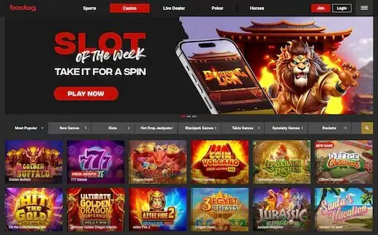 Lobby de Bodog Casino con la grilla de tragamonedas